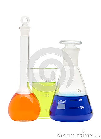 Laboratory conical flasks and beaker with colored liquid reagents isolated on white background, close up Stock Photo