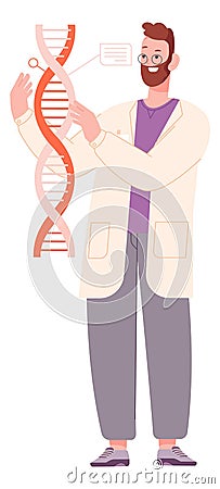 Laboratory dna research. Man study human genome structure Vector Illustration