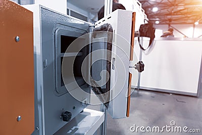 Laboratory electric furnace. Open door metal oven Stock Photo