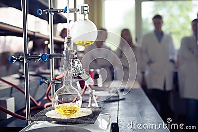 Laboratory equipment for distillation.Separating the component substances from liquid mixture with evaporation and condensation.I Stock Photo