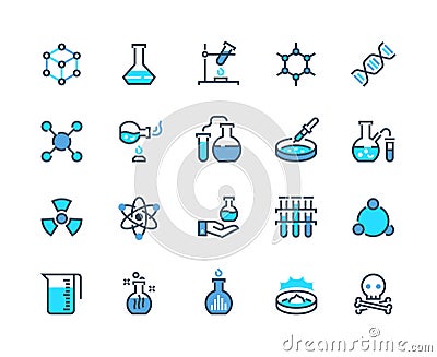 Laboratory equipment line icon. Chemical reaction and medical tube flask and beaker. Vector school biology pictogram set Vector Illustration
