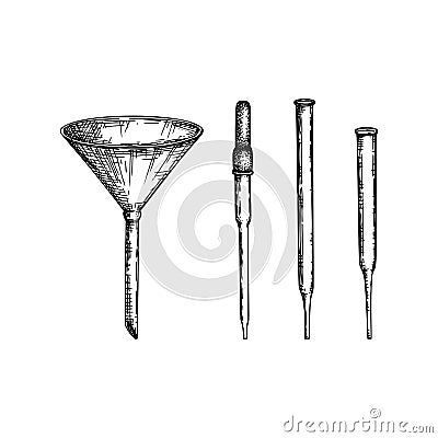 Laboratory equipment sketch. Hand drawn glass pipet and funnel set. Chemical and medicine lab testing equipment. Vector pipette Vector Illustration