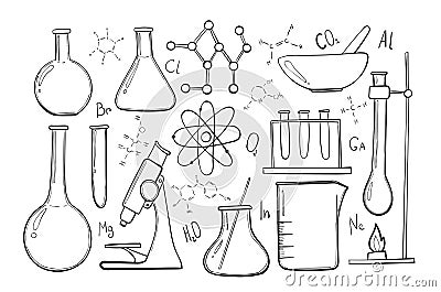 Laboratory equipment sketch set. Science chemistry. Microscope, Glass flasks and test tubes. Chemical experiments Vector Illustration