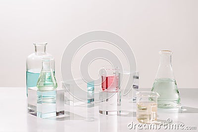 Laboratory experiment and research with leaf,oil and ingredient extract for natural beauty and organic cosmetic skincare product Stock Photo