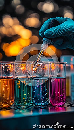 Laboratory Experiment Scientist Carefully Adding Liquid to Test Tubes with Pipette, Close Up View Stock Photo