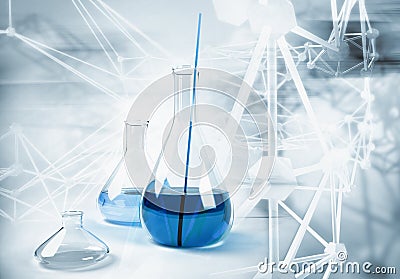 Laboratory flask on abstract science background Stock Photo