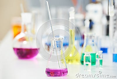 Laboratory flask in chemistry pharmacy research Stock Photo