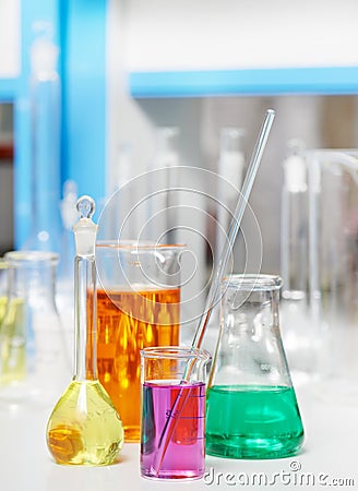 Laboratory flask in chemistry pharmacy research Stock Photo