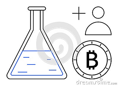Laboratory Flask, User Add Symbol, and Bitcoin Coin Highlighting Cryptocurrency Experimentation Vector Illustration