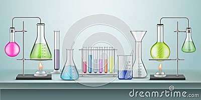 Laboratory flasks with pipes. Chemistry lab Vector Illustration