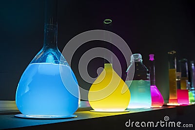 Laboratory glass chemical containers. Stock Photo