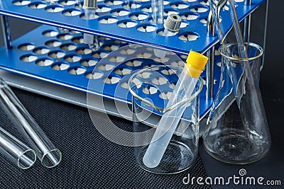 Laboratory glass and color test blood tubes on stand. Stock Photo