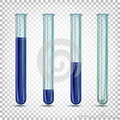 Laboratory glass tubes with a dark blue liquid of different amounts Cartoon Illustration