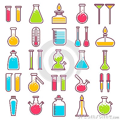 Laboratory glass vials and chemical tests equipment vector icons Vector Illustration