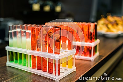 Laboratory glassware with alcohol cocktail's on chemical party Stock Photo