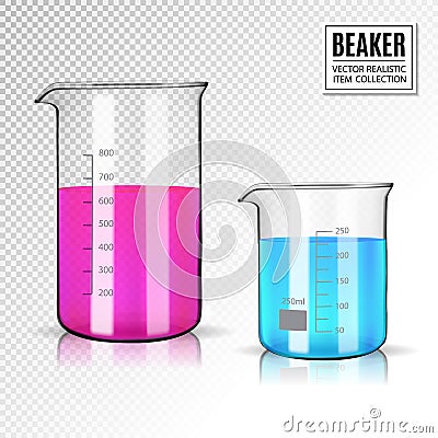 Laboratory glassware or beaker with varicolored liquid. Vector Illustration