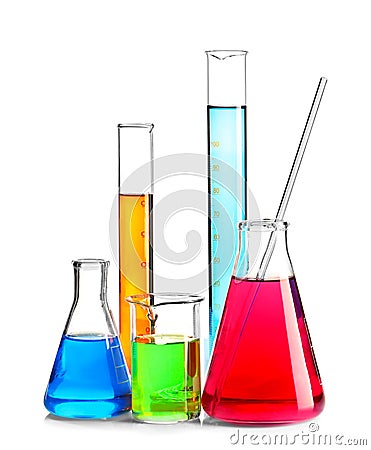 Laboratory glassware with colorful liquids on white background Stock Photo