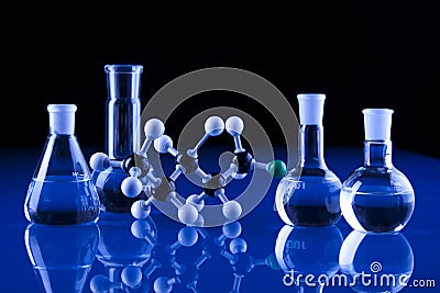 Laboratory Glassware and molecules Stock Photo