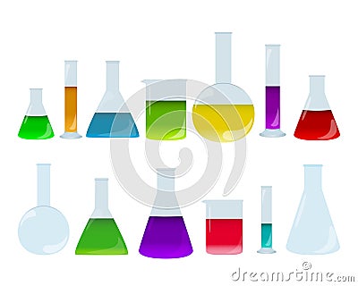 Laboratory glassware set with colored liquids. Group of chemistry accessories. Medical test dishes. Vector Illustration