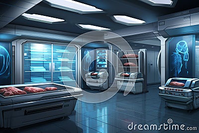 Laboratory for growing synthetic meat with refrigerators for storing the finished product, future food Stock Photo