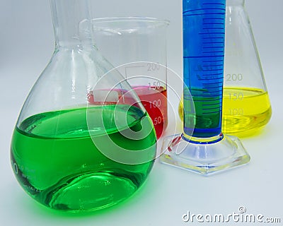 Laboratory labware for science experiments, white background Stock Photo