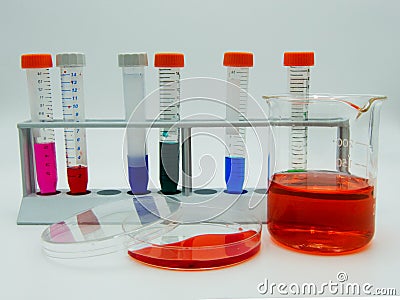 Laboratory labware for science experiments, white background Stock Photo