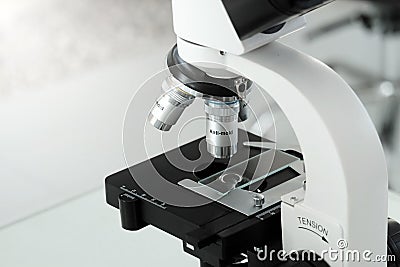 Laboratory lens of Microscope scientific research background Stock Photo