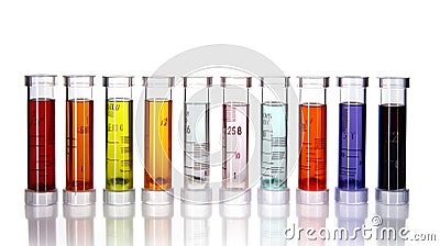 laboratory multi-colored samples of bacteria and microorganisms in transparent glass test tubes, isolated white background Stock Photo