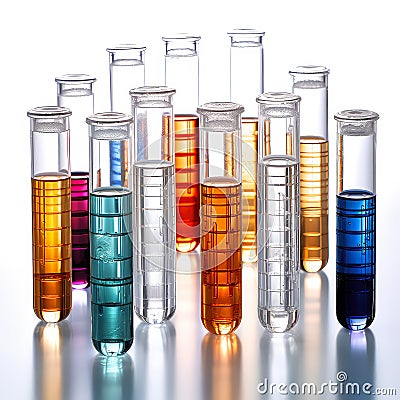 laboratory multi-colored samples of bacteria and microorganisms in transparent glass test tubes, isolated white background Stock Photo