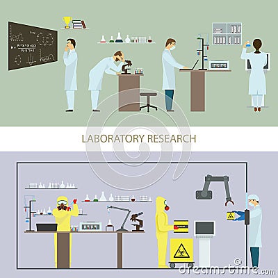 Laboratory Research by Group of Scientists. Vector Illustration