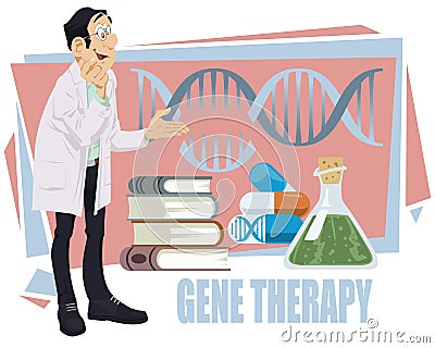 Laboratory research. Scientist character at work. Gene therapy Vector Illustration