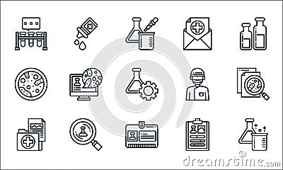 Laboratory and science line icons. linear set. quality vector line set such as test tube, id card, medical result, result, testing Vector Illustration