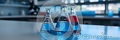 Laboratory Setting with Colorful Conical Flasks Stock Photo