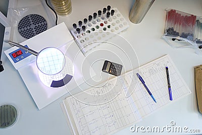 Laboratory table top view Stock Photo