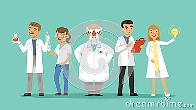 Laboratory team. Team of scientists or doctors, researchers. Cartoon hospital personal, virologists vector illustration Vector Illustration