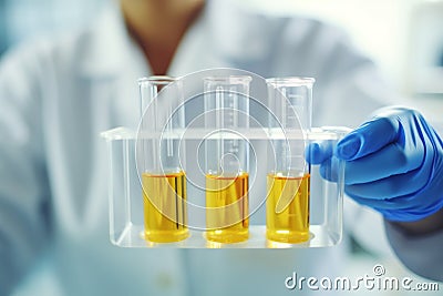 Laboratory technician analyzing urine samples in test tubes Stock Photo
