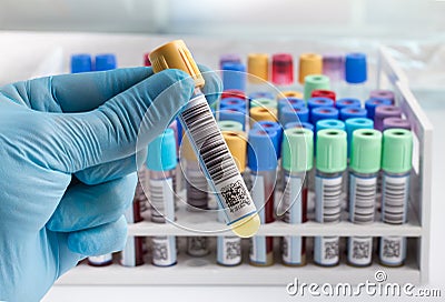 Laboratory technician holding a blood tube test Stock Photo