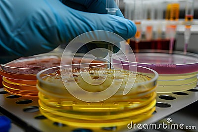 Laboratory technician performing microscopic bacterial culture analysis Stock Photo