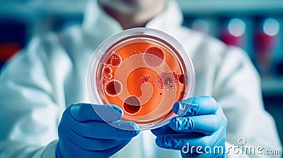 Laboratory technician showing a petri dish with bacteria or virus growth. Generative Ai Stock Photo