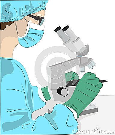 Laboratory technician working with microscope. Vector Illustration