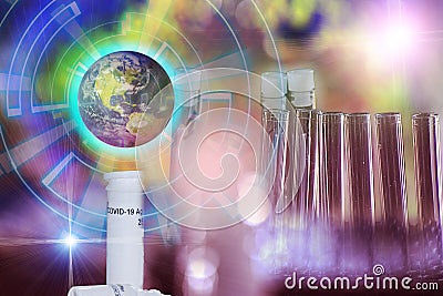 Futuristic concepts with test and VTM tubes finding cure for Corona COVID19 for the whole Earth in Pandemic changing color. Stock Photo