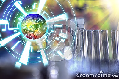 Futuristic concepts with test tubes finding cure for disease for the whole Earth in Pandemic changing color. Stock Photo