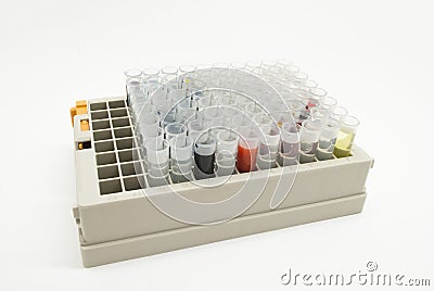 Laboratory testing. Science research lab equipment. Boxes with bulbs full of liquids close up. Stock Photo