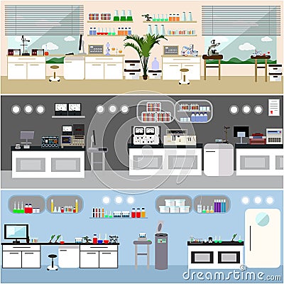 Laboratory vector illustration. Science lab interior. Biology, Physics and Chemistry education concept. Scientific Vector Illustration