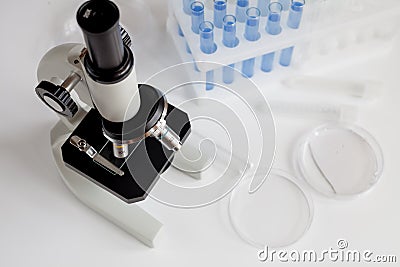 Laboratory work with microscope top view Stock Photo