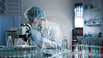 Laboratory worker carefully exploring samples to detect chronic pathologies Stock Photo