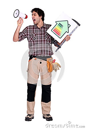 Laborer screaming through bullhorn system Stock Photo