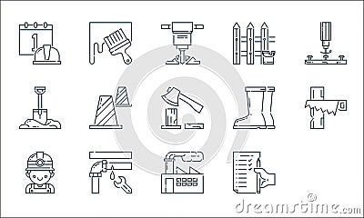 labour day line icons. linear set. quality vector line set such as paper, pipe, saw, factory, miner, shovel, hook, fence, brush Vector Illustration