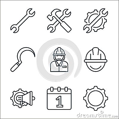 labour day line icons. linear set. quality vector line set such as gear, calendar, loud speaker, helmet, labor woman, sickle, gear Vector Illustration