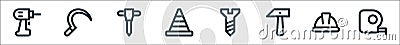 labour day line icons. linear set. quality vector line set such as measuring tape, security helmet, hammer, screw, traffic cone, Vector Illustration